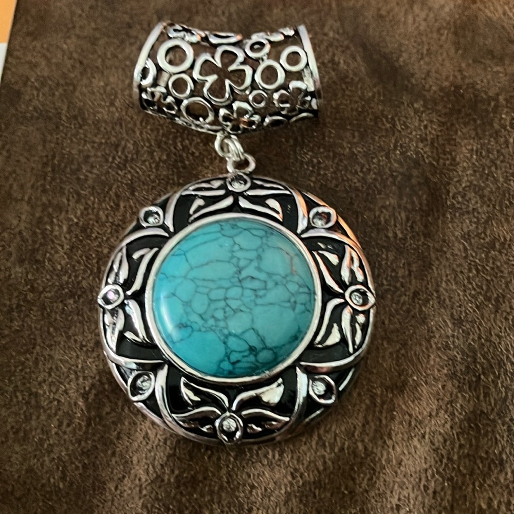 BOHO faux turquoise large pendant,  scarf ring.